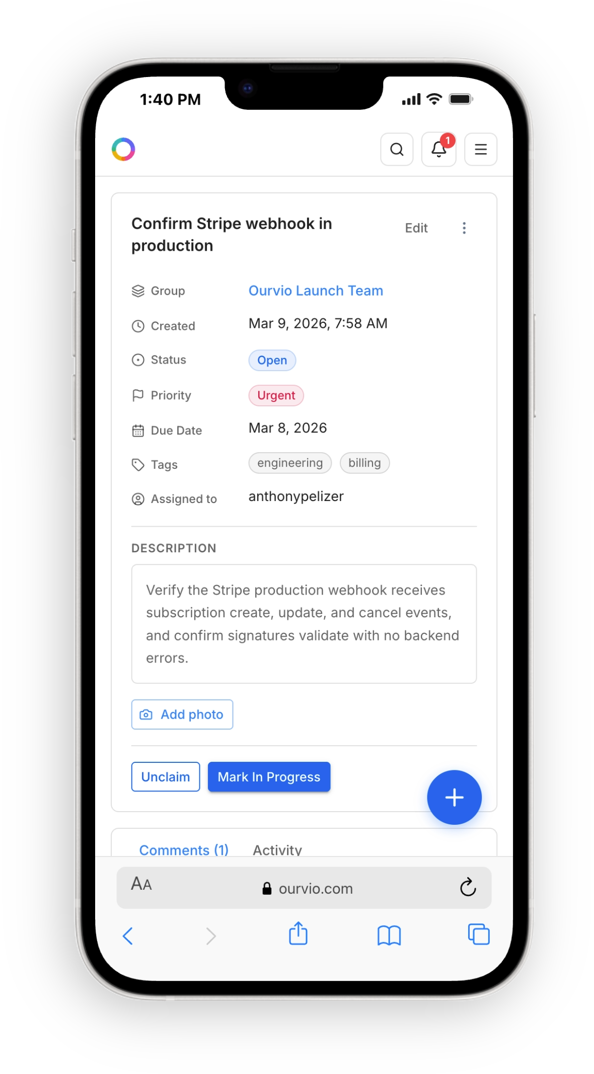 Screenshot of the Ourvio application showing group accountability dashboard